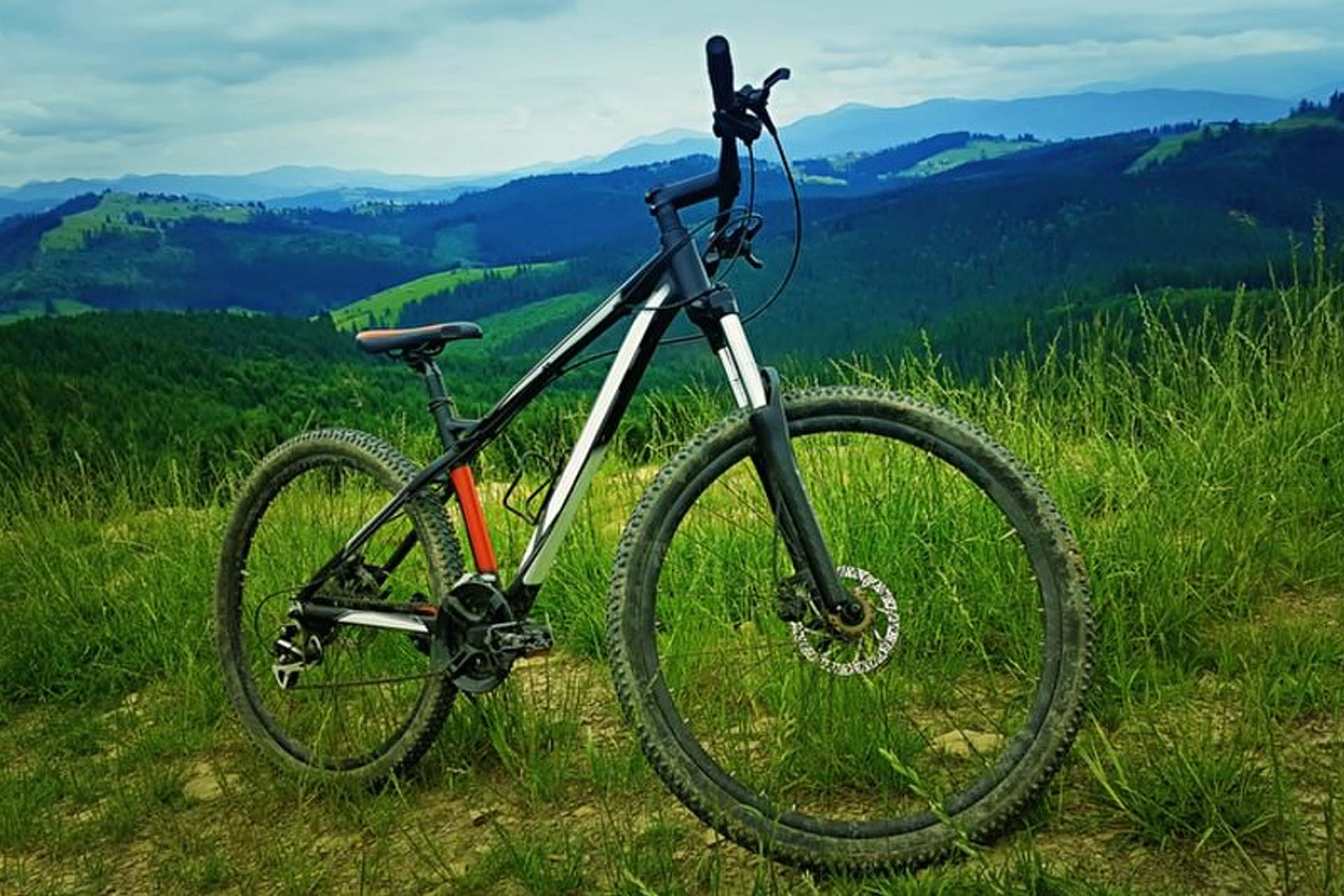 Im Vordergrund ist ein rot-weiß-schwarzen Mountainbike zu sehen, welches auf einem Hügel steht. 