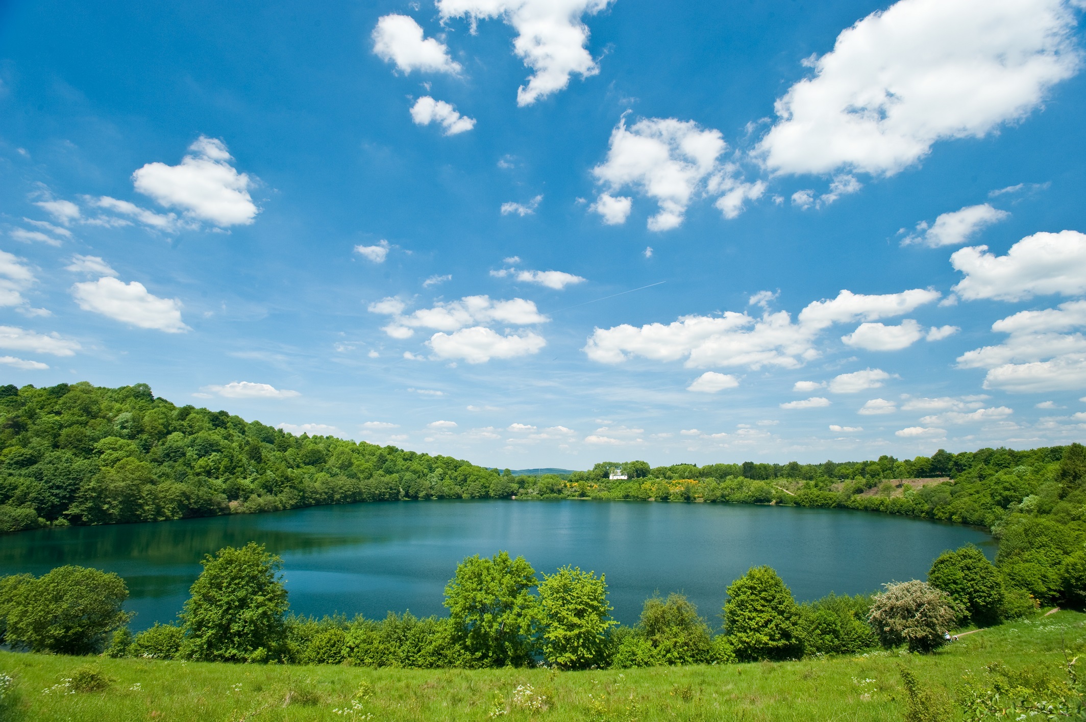 Mare die umgeben von Wiesen, Gras und Büschen ist. Darüber ziehen einzelne Wolken über den blauen Himmel.
