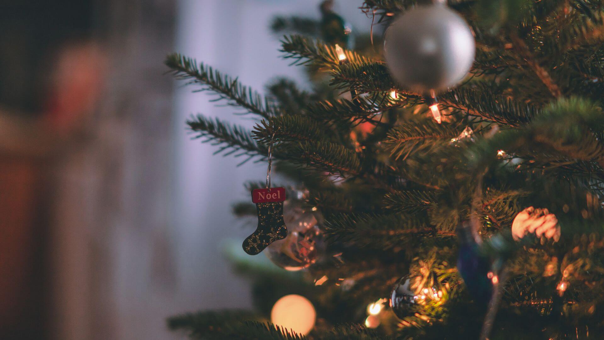 Weihnachtsbaum mit diversen Anhängern und leuchtender Lichterkette