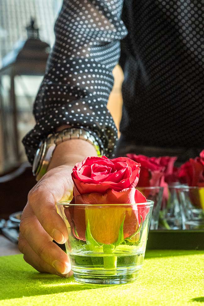 Man Sieht, wie eine Frauenhand eine rote Rose in einem Wasser glas auf grünem Filz drapiert.