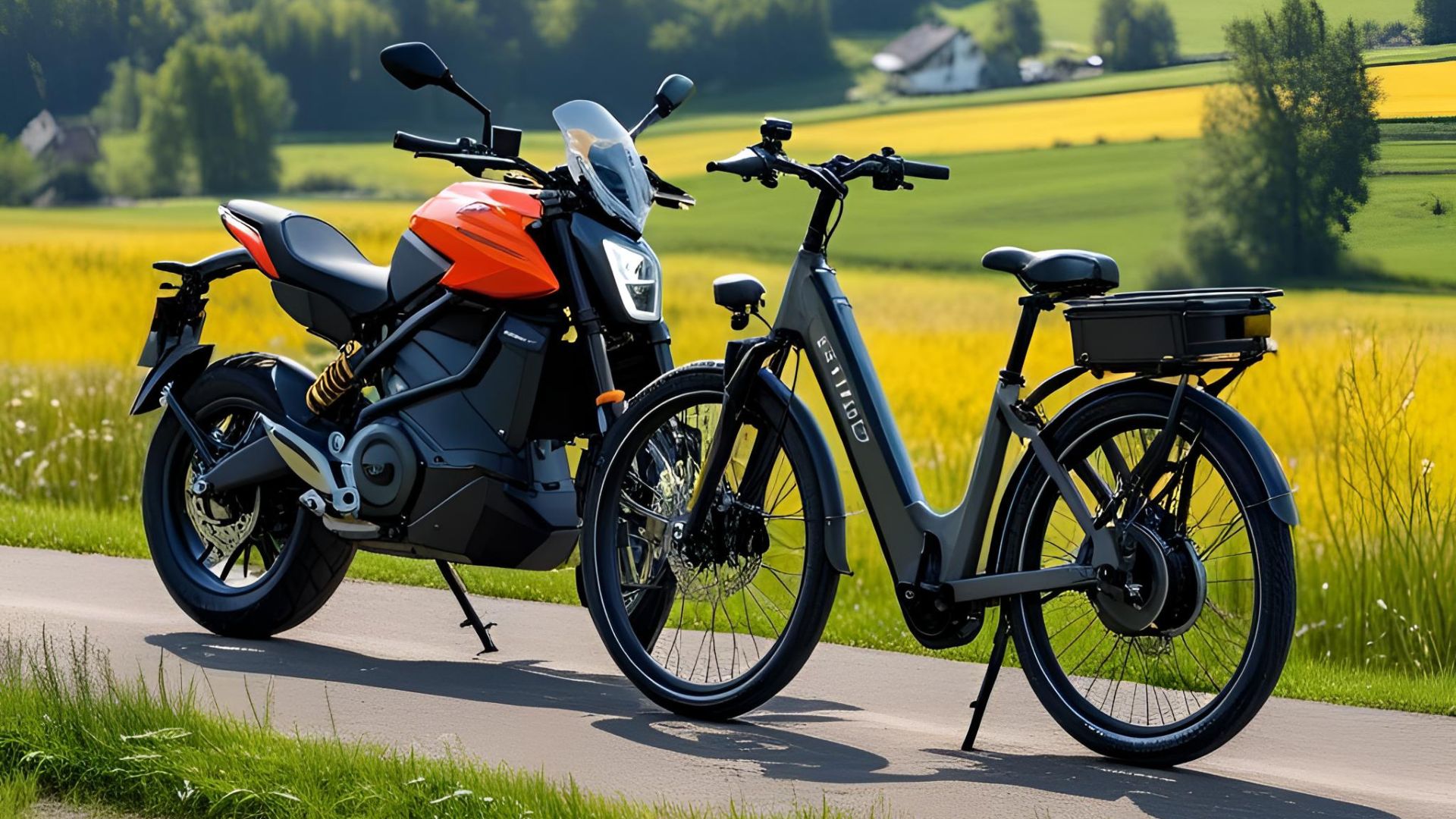 Bild eines Motorrads und eines E-Bikes vor der Landschaft der Eifel